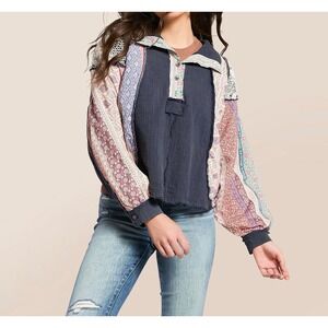 POL Patchwork Prairie Hooded Boho Top Oversized Medium NWT Cottagecore Lace